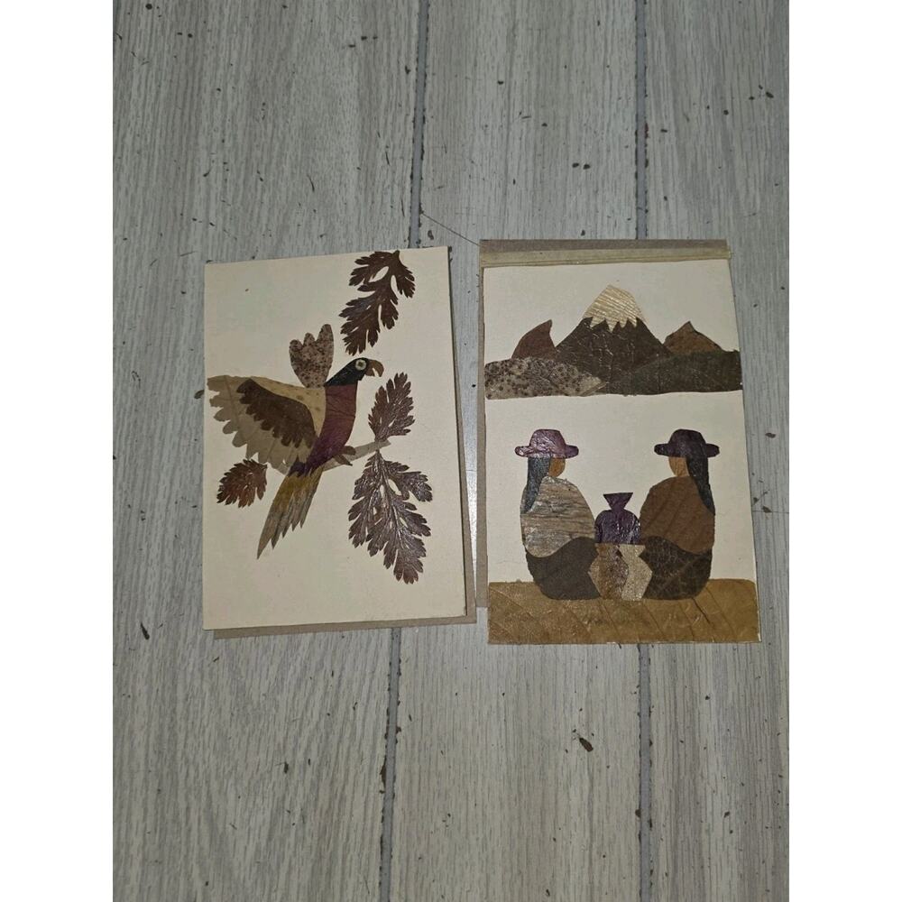 Vtg Handmade Pressed Dried Leaves Framed Collage Bird Southwestern Landscape Set